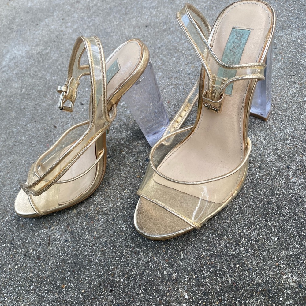 SOLD - Betsey Johnson Gold Clear Block Heels